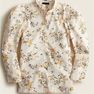 J. Crew Shirt Womens Small White Budding Floral Puff Sleeve Henley Blouse